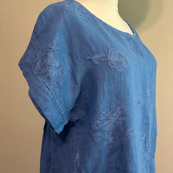 TERZO MILLENNIO Lagenlook 100% Linen Top Sz Sm Embroidered Scrollwork Shirt Blue - Picture 3 of 8